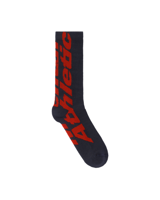 Sock full view: “Mental Athletic wool socks with blue logo, full frontal view.