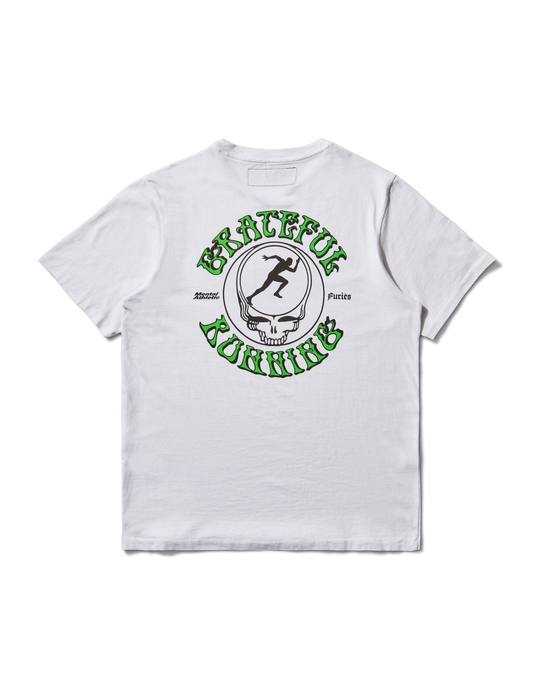 Back view of the Grateful Running T-shirt by Mental Athletic x Furies, featuring warped green typography and a central skull graphic with a runner silhouette — Melbourne Marathon 2025 edition.