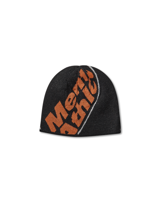 Side view of the black ROA x Mental Athletic beanie with the large orange “Mental Athletic” knitted logo.