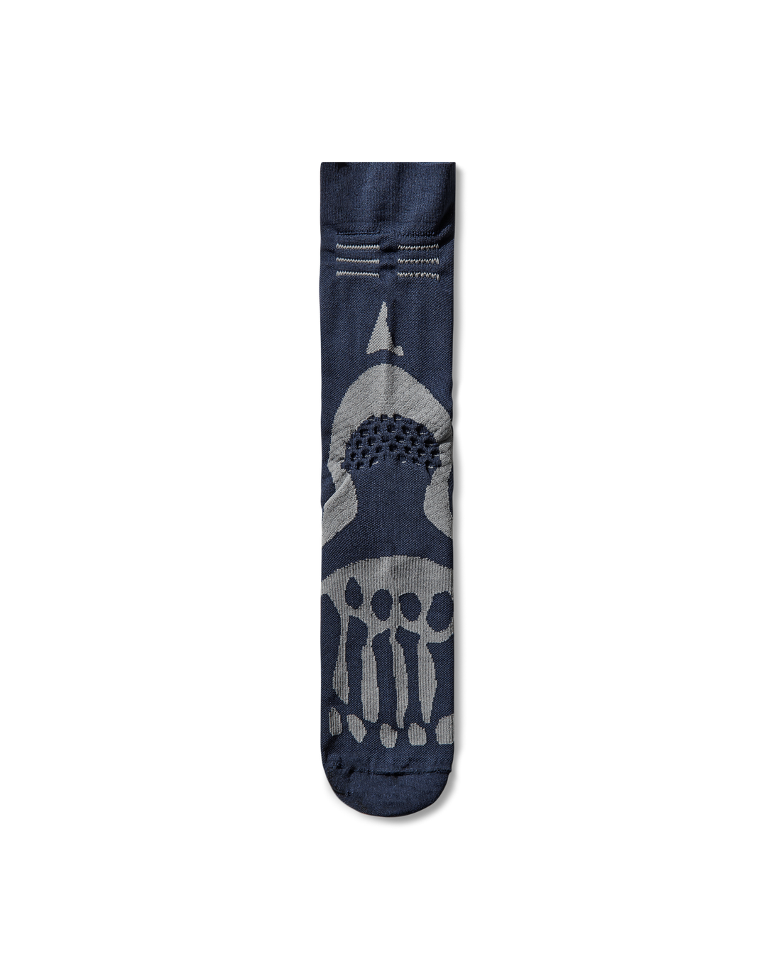 Front view of the ROA x Mental Athletic Bones Mid Sock in dark blue with contrast knit bone graphic along the foot.