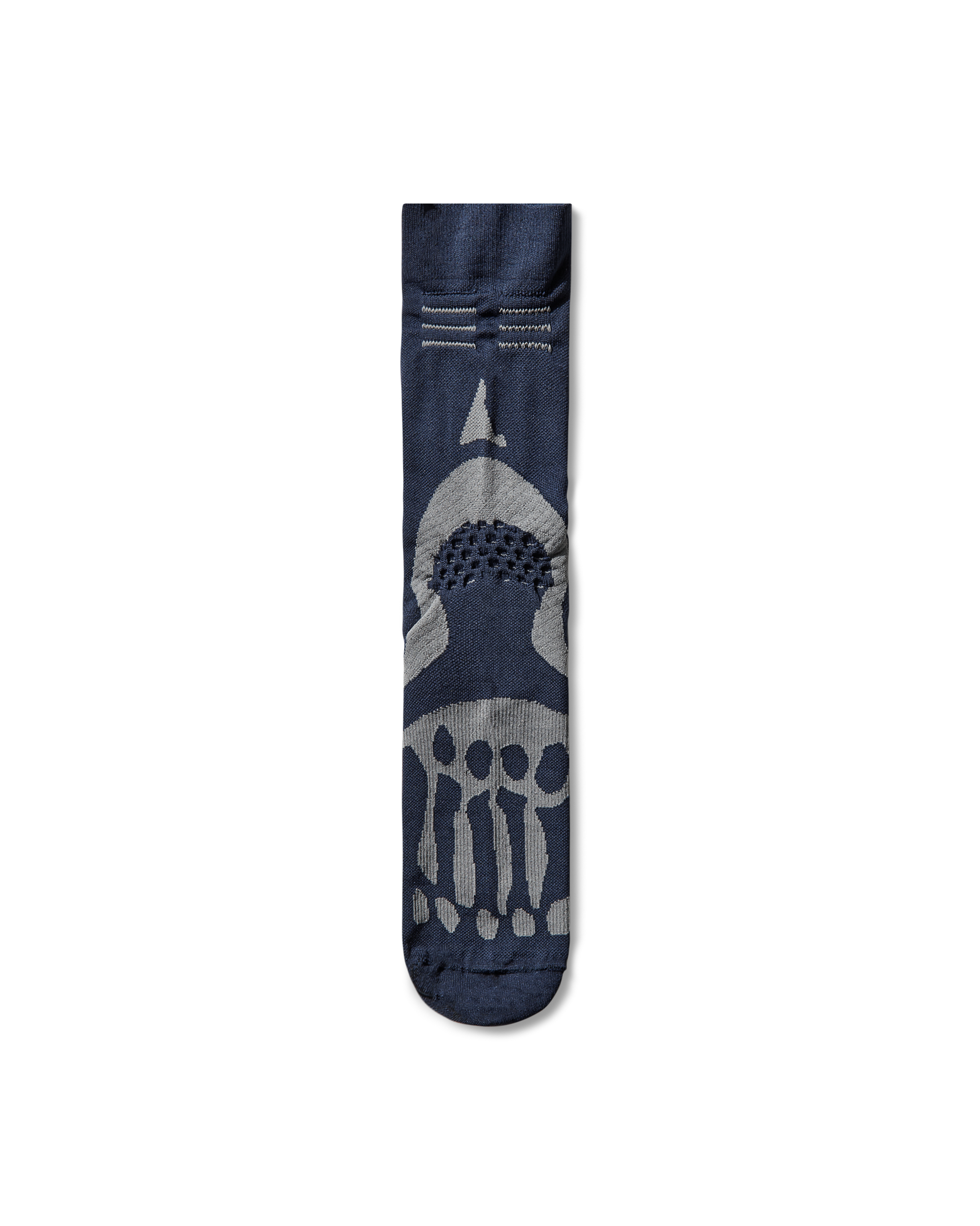 Front view of the ROA x Mental Athletic Bones Mid Sock in dark blue with contrast knit bone graphic along the foot.