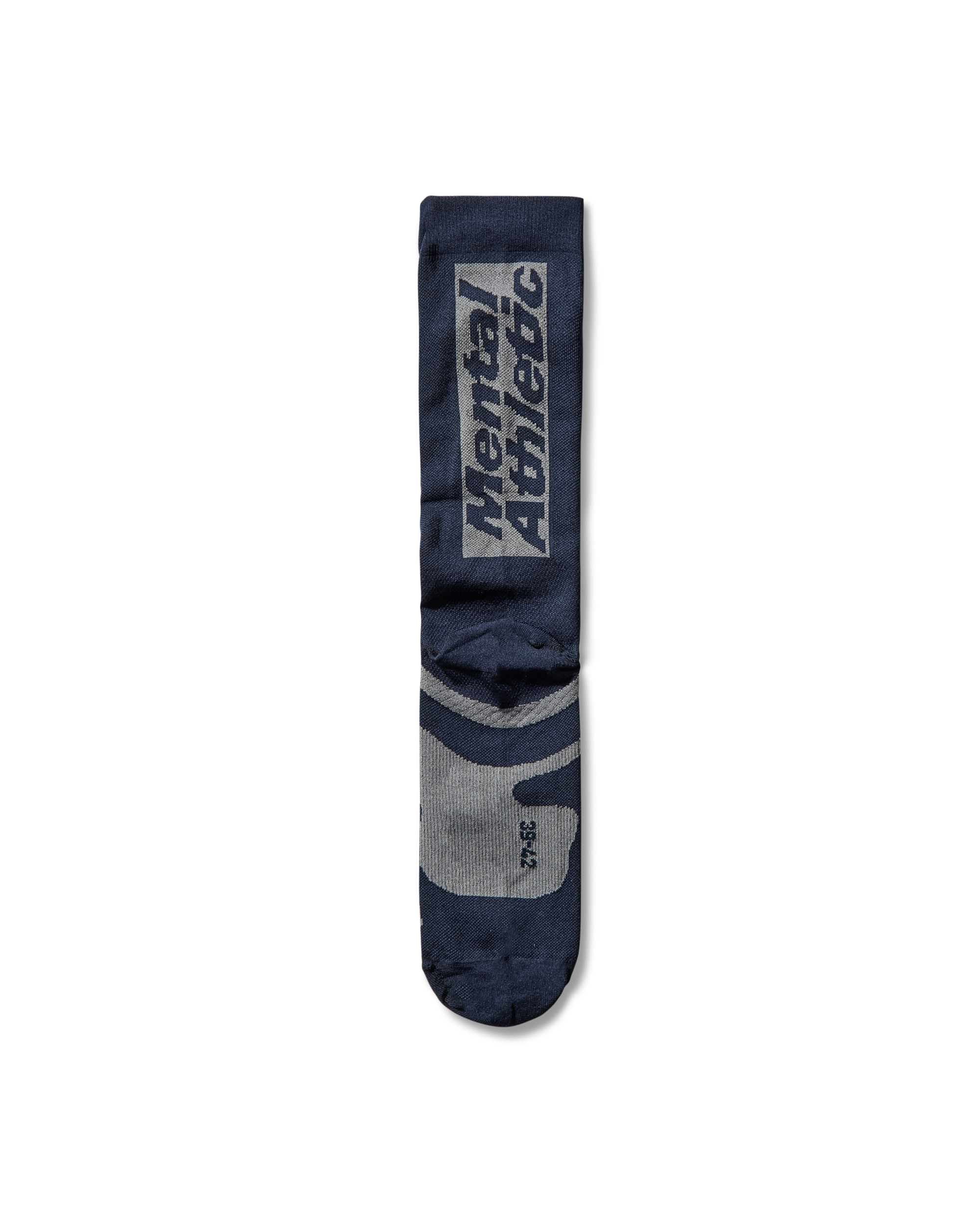 Full side view of the dark blue Bones Mid Sock featuring the knitted bone motif and vertical logo detail.