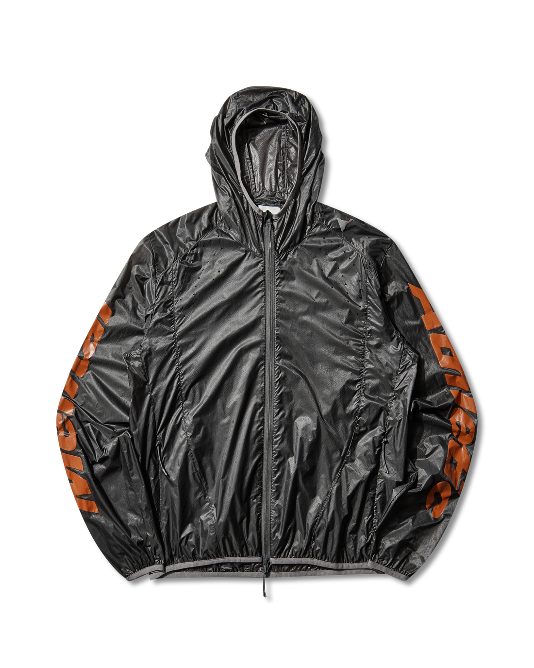 Front view of the black ROA x Mental Athletic Hue Packable Wind Jacket made from transparent micro ripstop nylon with orange logo details on the sleeves.