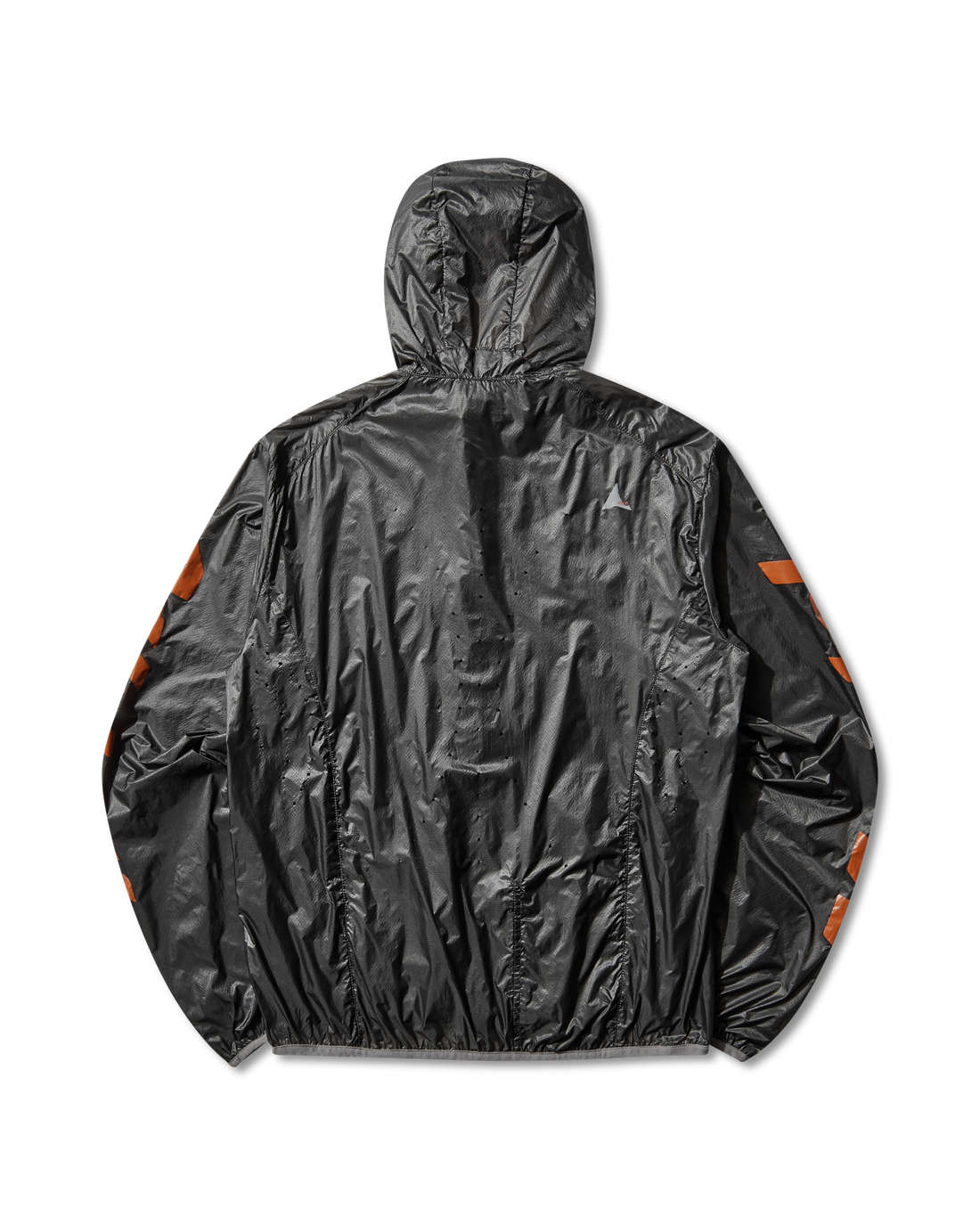 Back view of the black packable wind jacket showing the lightweight transparent ripstop construction.