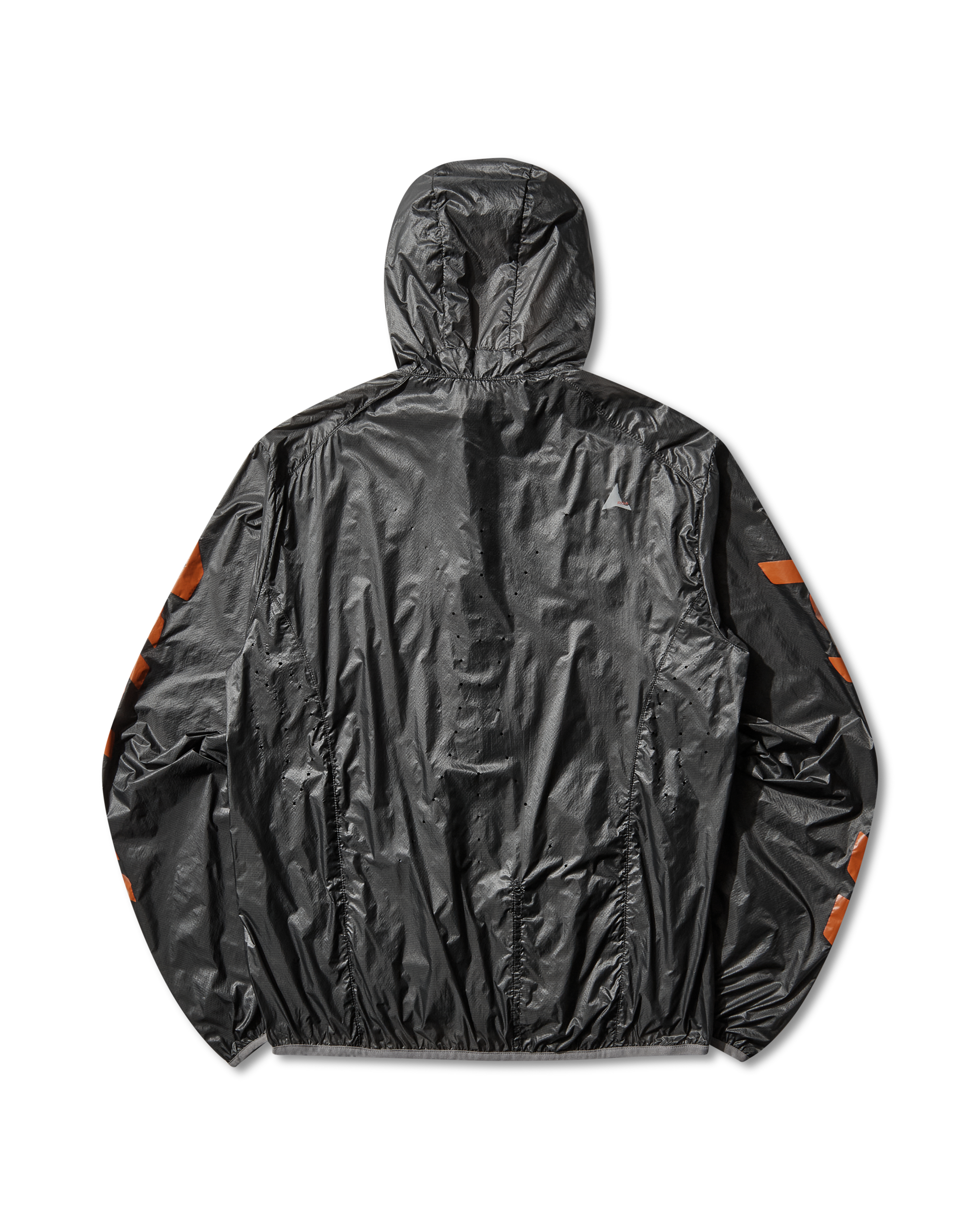 Back view of the black packable wind jacket showing the lightweight transparent ripstop construction.