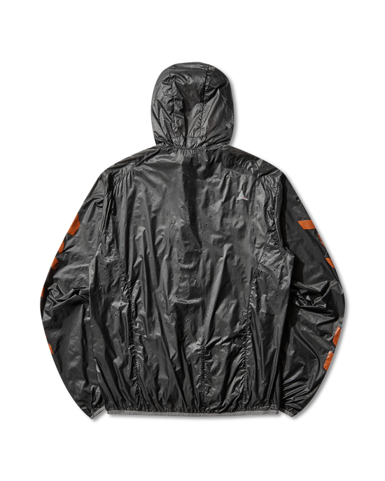 Back view of the black packable wind jacket showing the lightweight transparent ripstop construction.