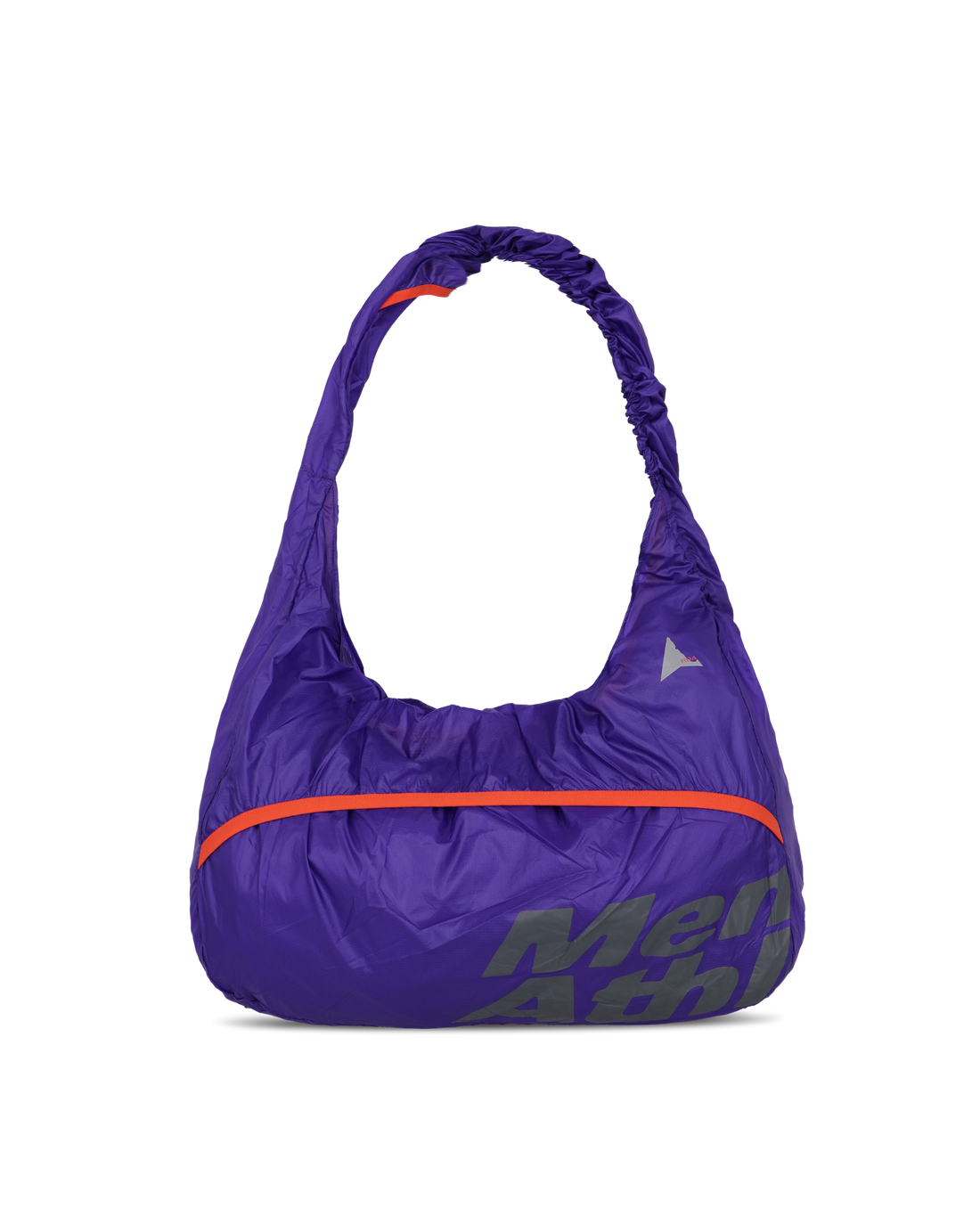 Purple ROA x Mental Athletic LAKI Packable Knot Bag with front pocket, orange zipper detail, and printed logo.