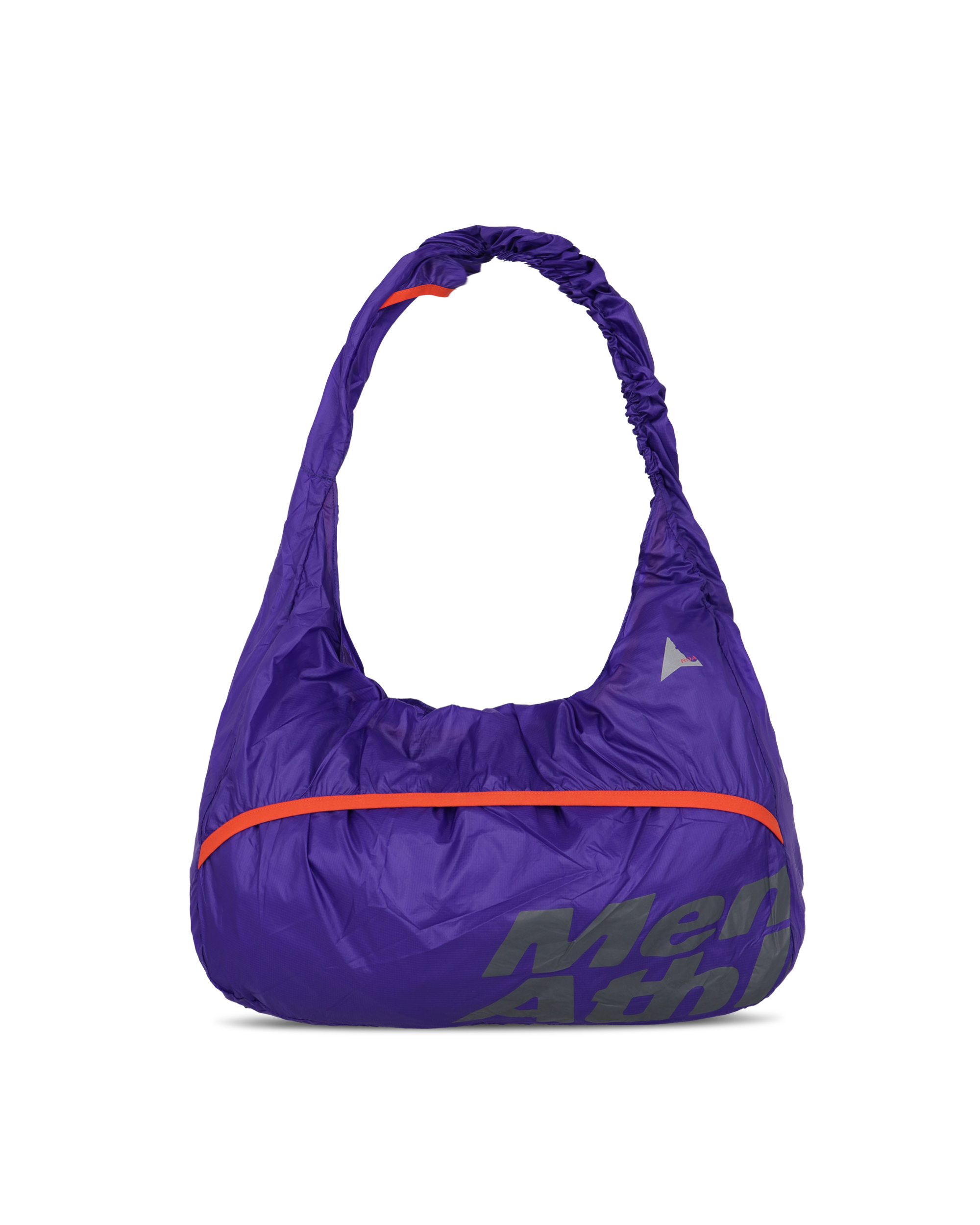 Purple ROA x Mental Athletic LAKI Packable Knot Bag with front pocket, orange zipper detail, and printed logo.