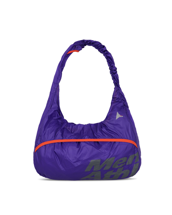 Purple ROA x Mental Athletic LAKI Packable Knot Bag with front pocket, orange zipper detail, and printed logo.