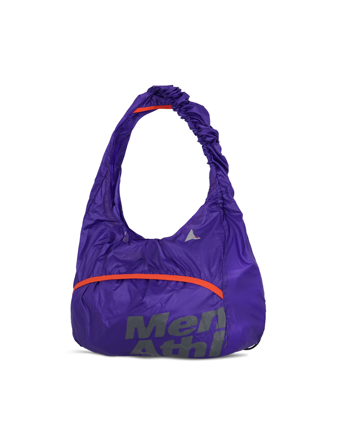 Side view of the purple ROA x Mental Athletic LAKI Packable Knot Bag showing the curved knot-style handle and front logo.