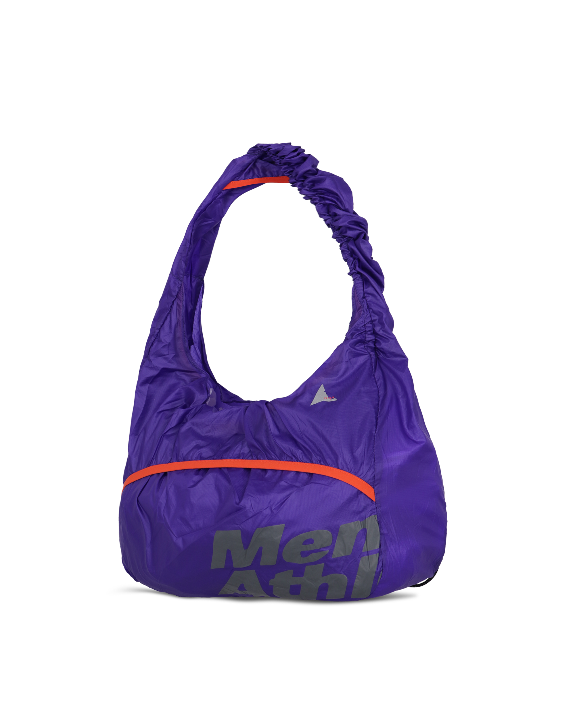 Side view of the purple ROA x Mental Athletic LAKI Packable Knot Bag showing the curved knot-style handle and front logo.