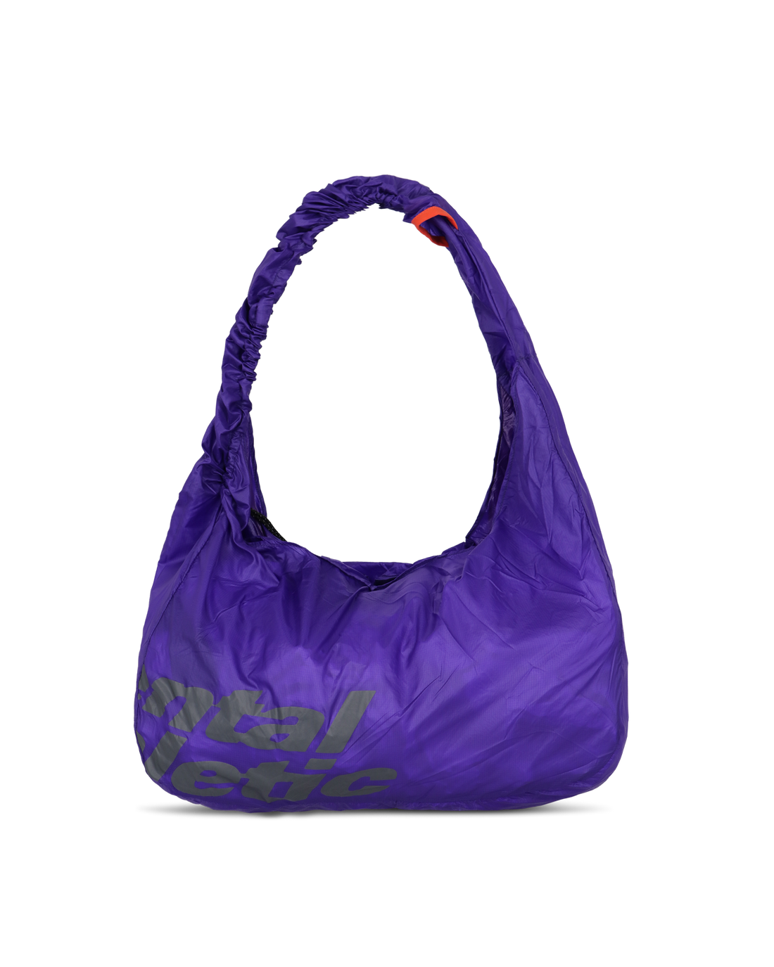 Three-quarter view of the purple packable knot bag highlighting the printed Mental Athletic logo and ripstop texture.