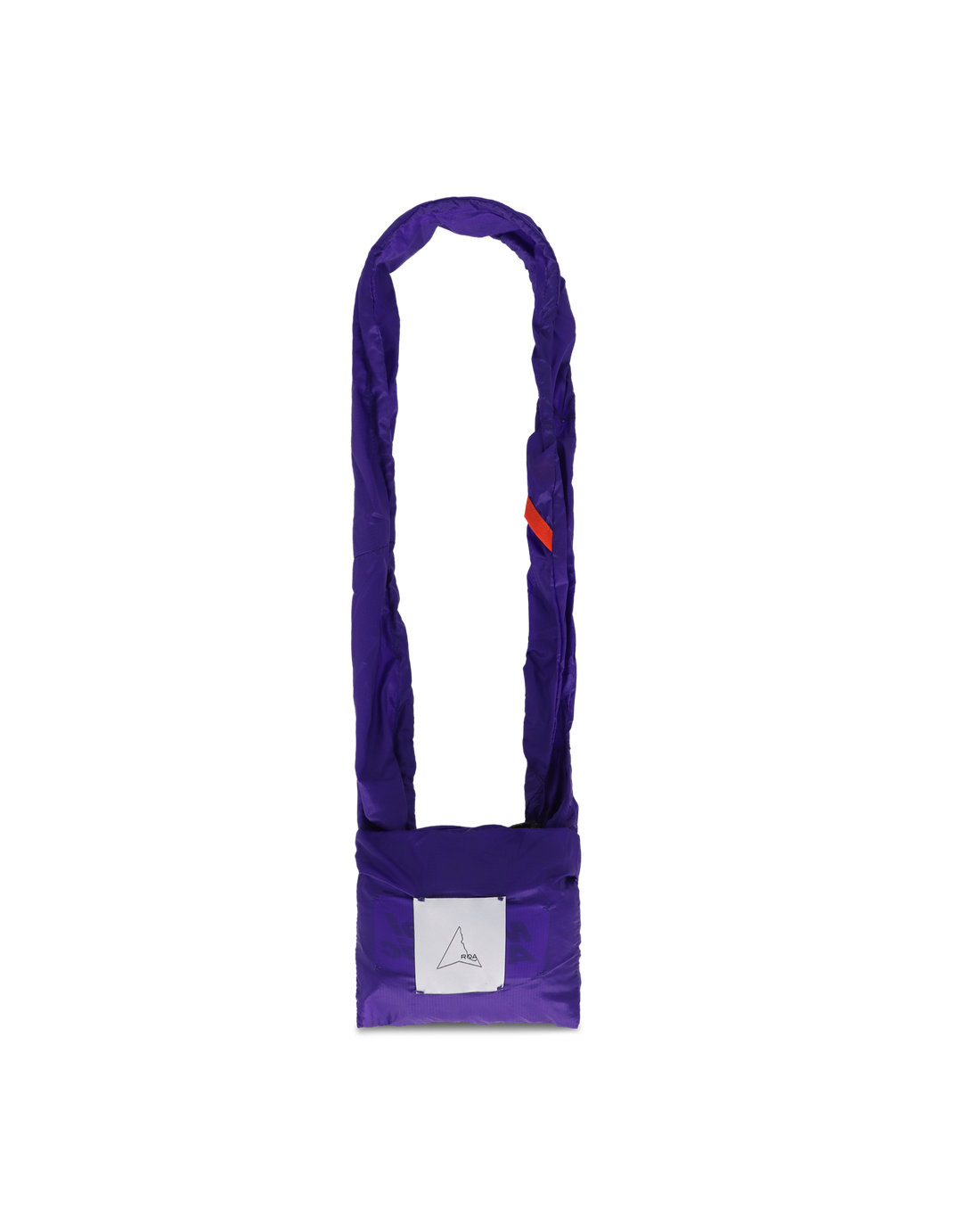 Profile view of the purple knot bag with elongated handle and visible logo print.
