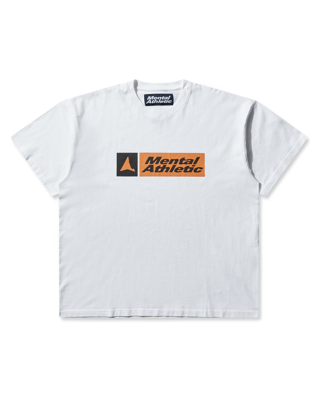 Front view of the white ROA x Mental Athletic T-shirt made of organic cotton, featuring the orange and black printed logo on the chest.