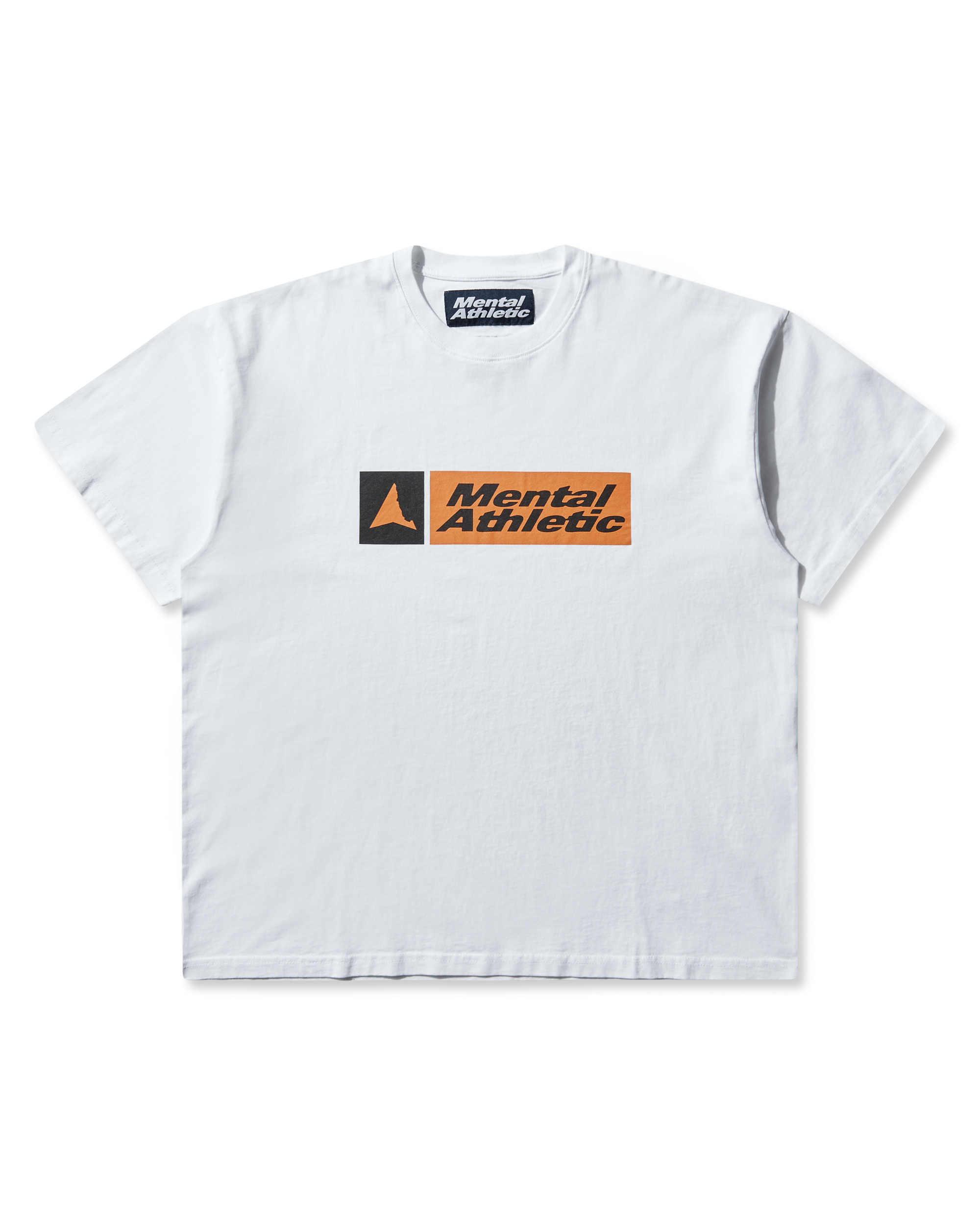 Front view of the white ROA x Mental Athletic T-shirt made of organic cotton, featuring the orange and black printed logo on the chest.