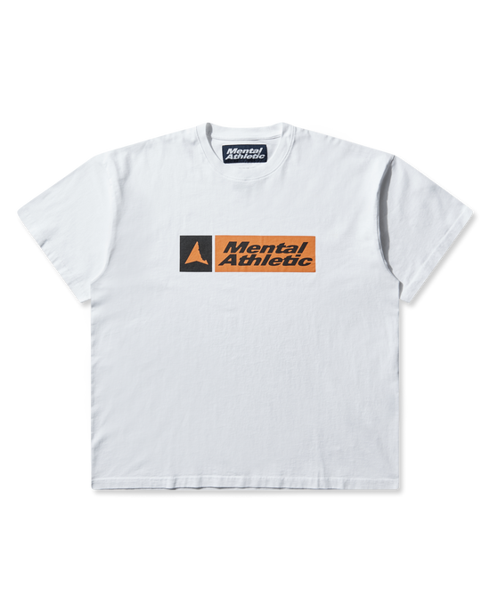Front view of the white ROA x Mental Athletic T-shirt made of organic cotton, featuring the orange and black printed logo on the chest.