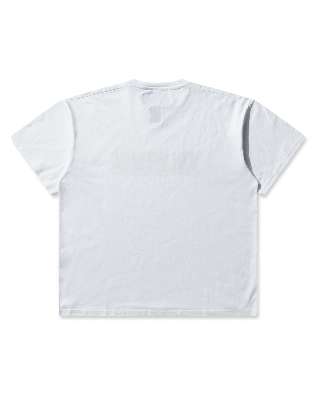 Full front view of the white T-shirt without zoom, showing the boxy silhouette and ribbed collar.