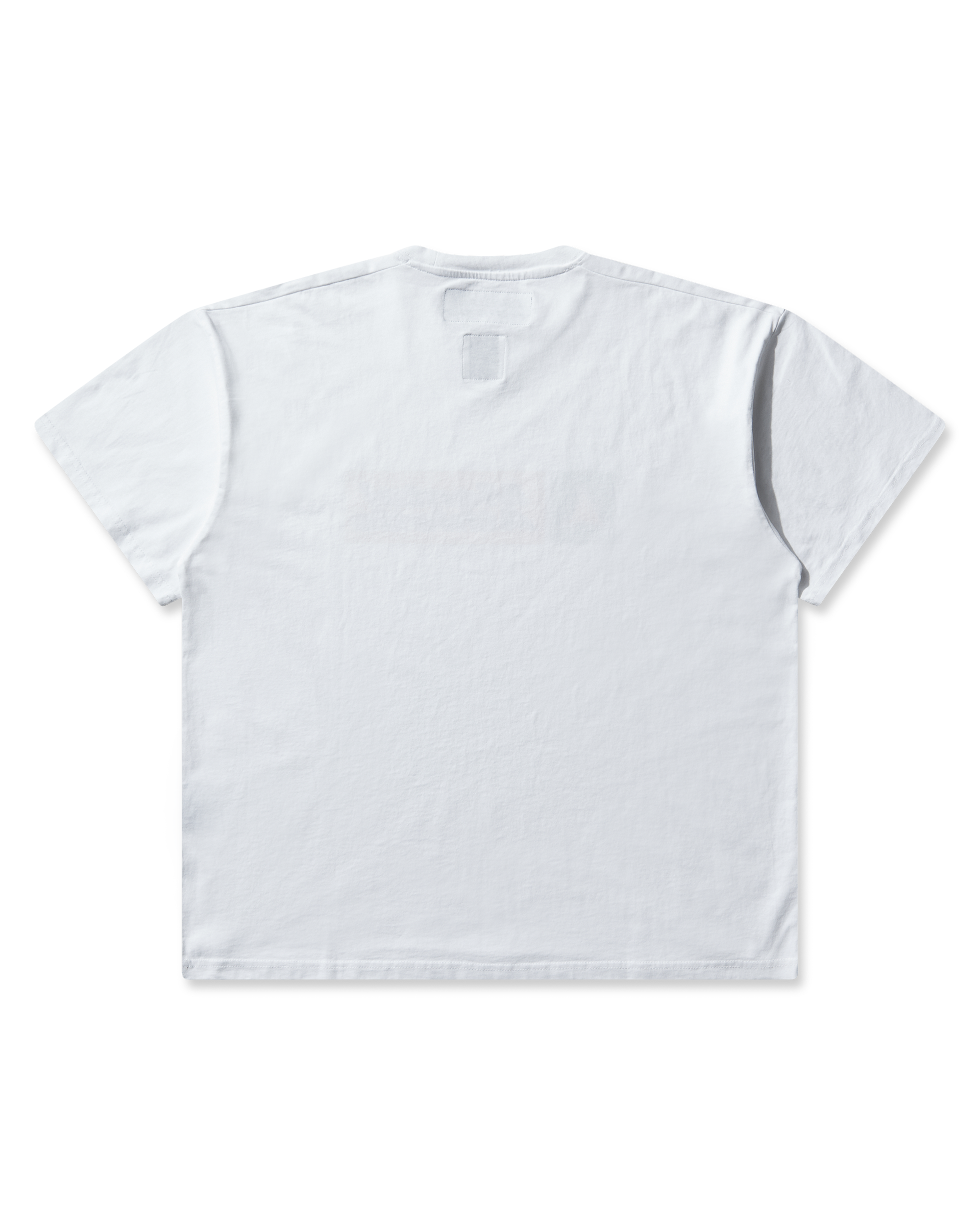 Full front view of the white T-shirt without zoom, showing the boxy silhouette and ribbed collar.