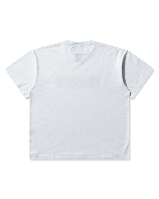 Full front view of the white T-shirt without zoom, showing the boxy silhouette and ribbed collar.