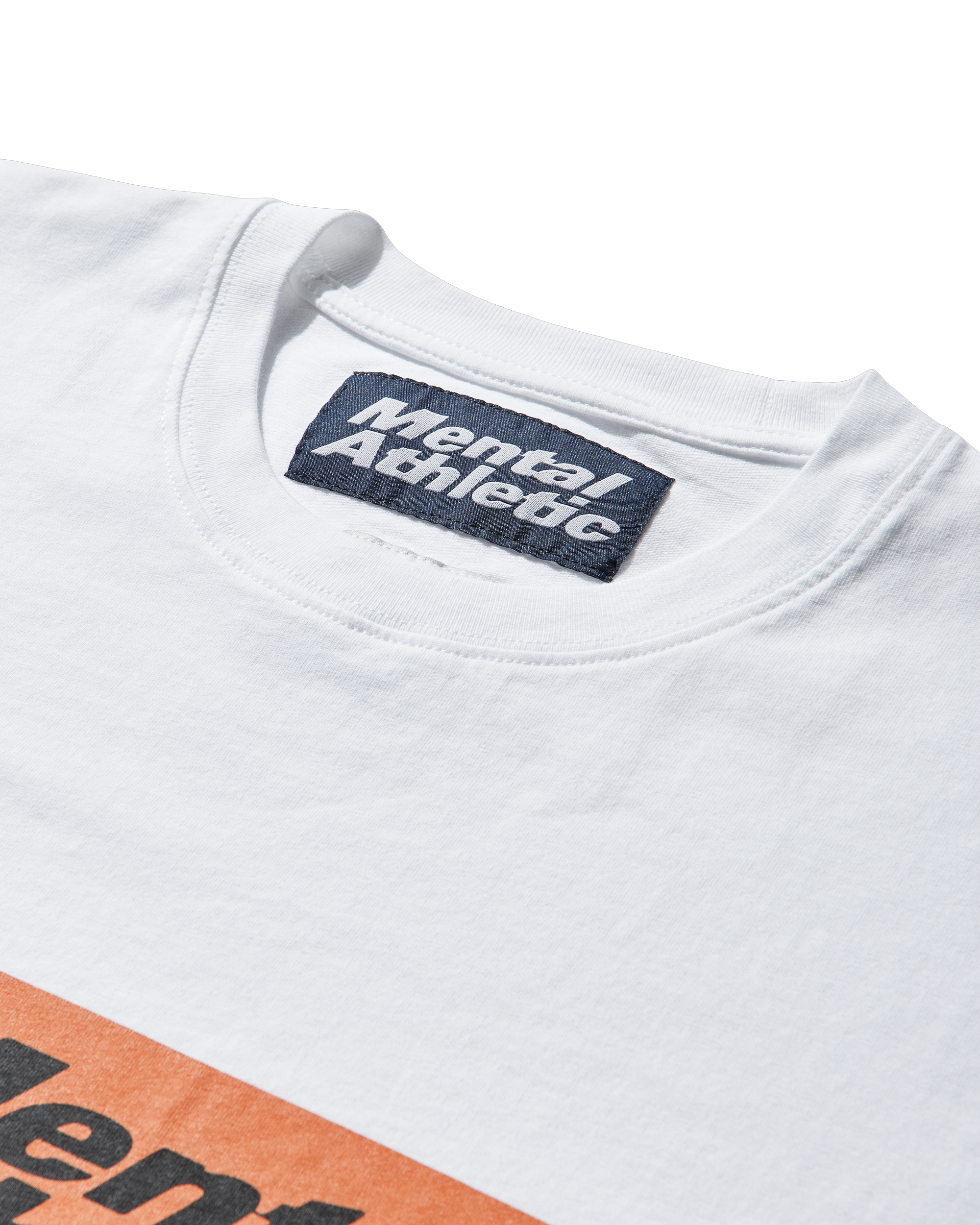 Close-up of the ribbed collar and interior label of the white ROA x Mental Athletic T-shirt.