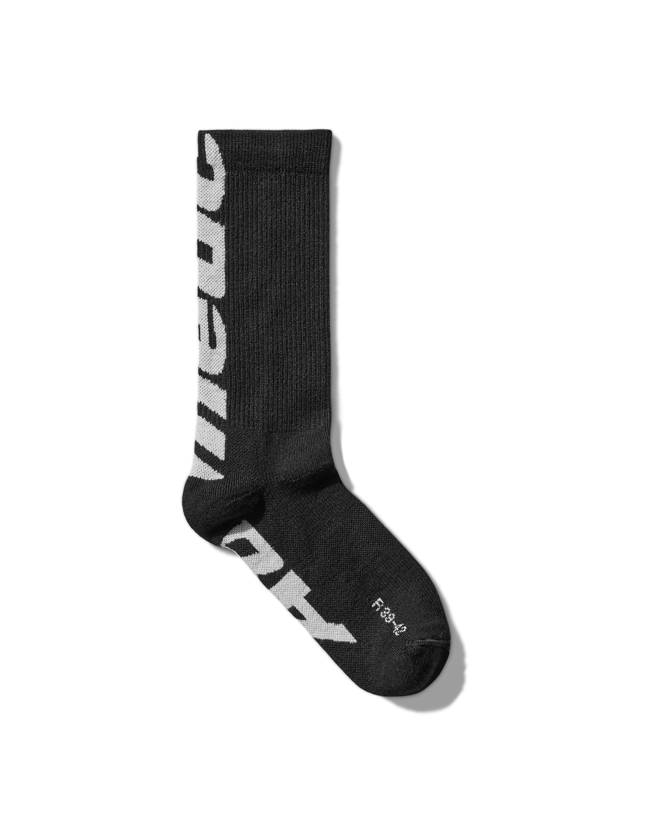 Sock full view: “Mental Athletic wool socks with blue logo, full frontal view.