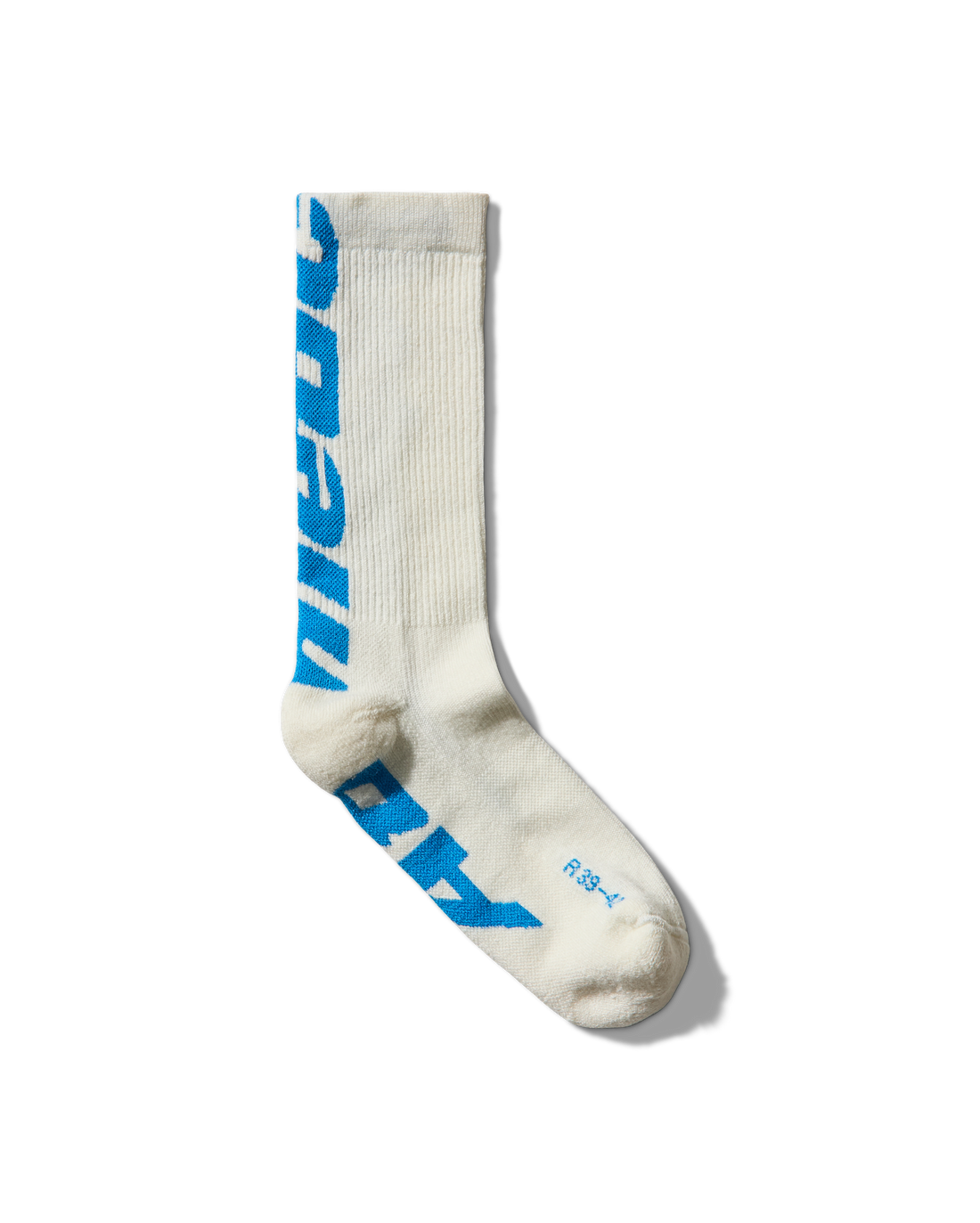 Sock full view: “Mental Athletic wool socks with blue logo, full frontal view.