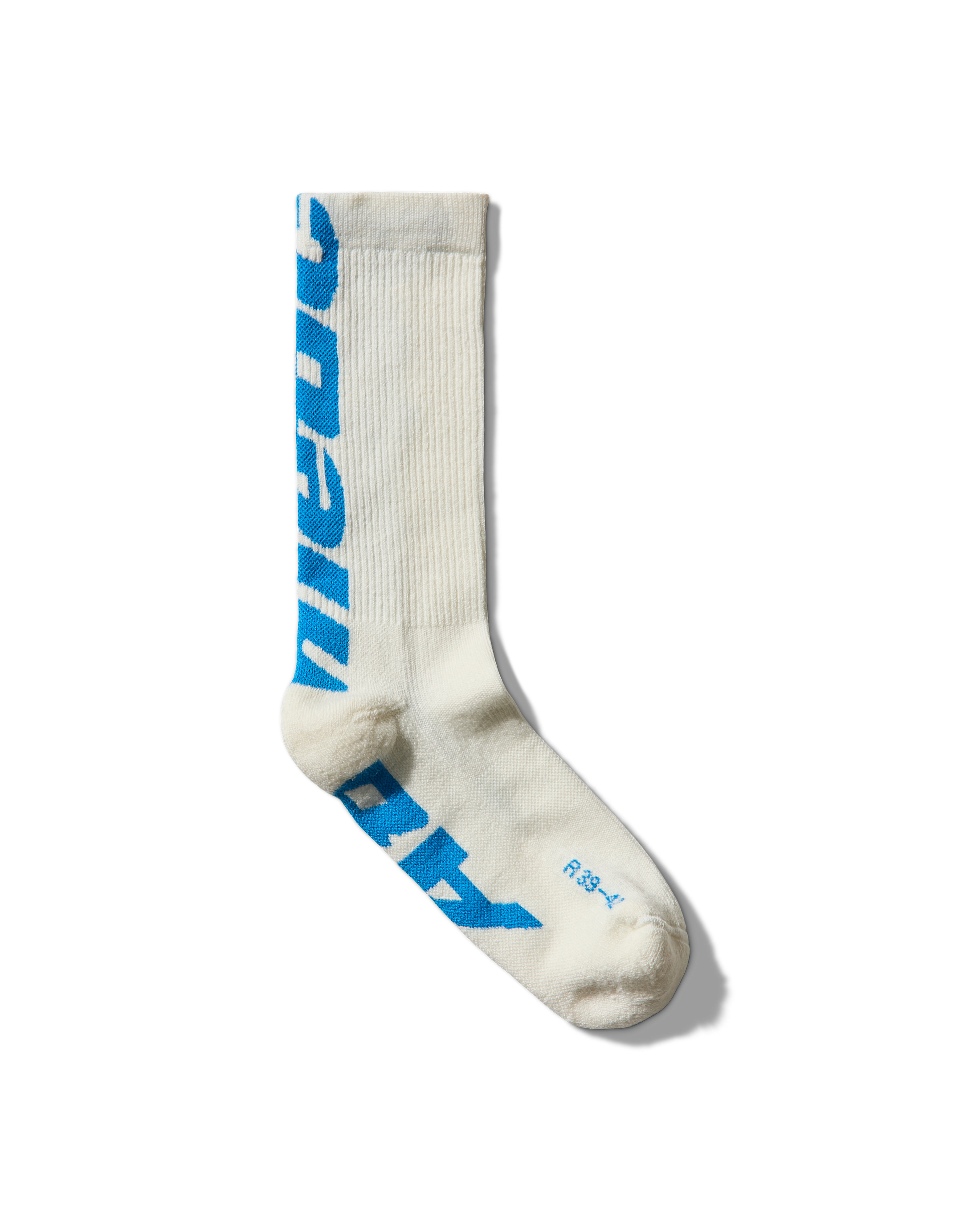 Sock full view: “Mental Athletic wool socks with blue logo, full frontal view.