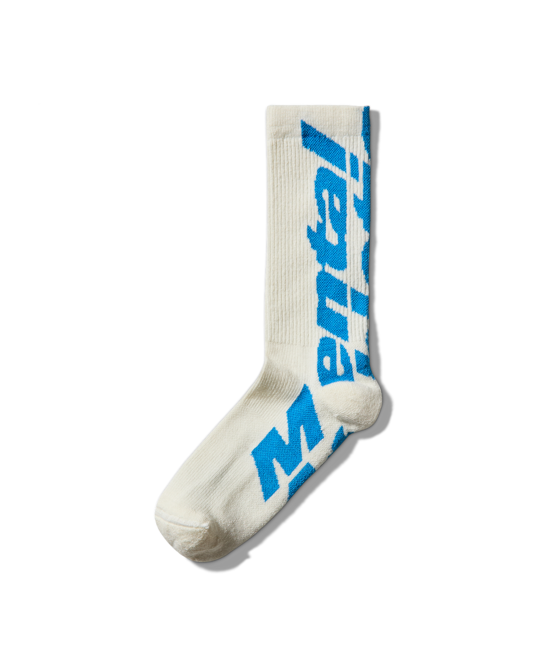 Side angle: Profile of white wool socks featuring oversized blue Mental Athletic branding.