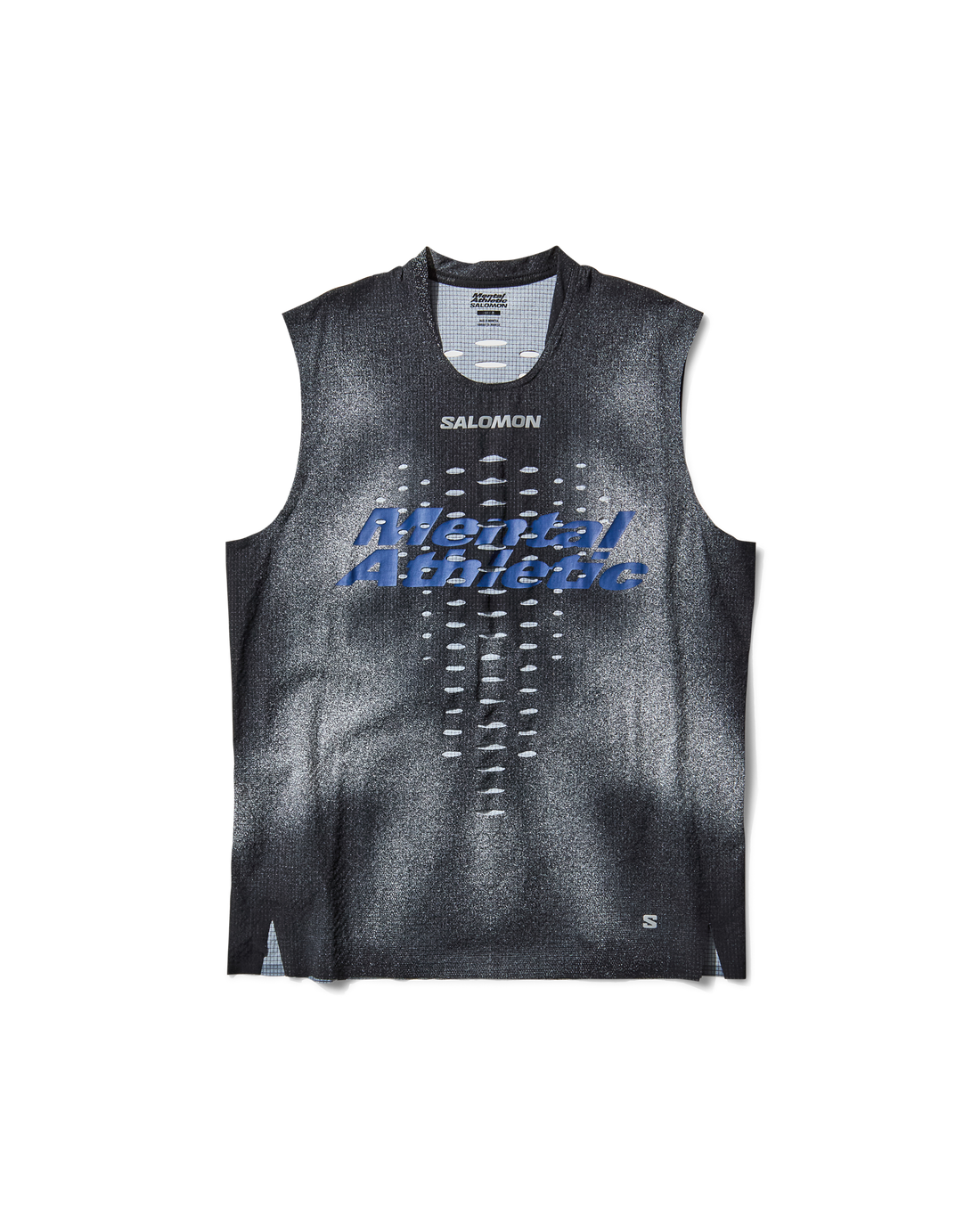 Model wearing BACKBONE TANK U MENTAL ATHLETIC front view, lightweight breathable trail running top styled with shorts