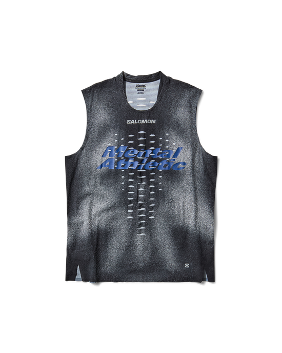 Model wearing BACKBONE TANK U MENTAL ATHLETIC front view, lightweight breathable trail running top styled with shorts