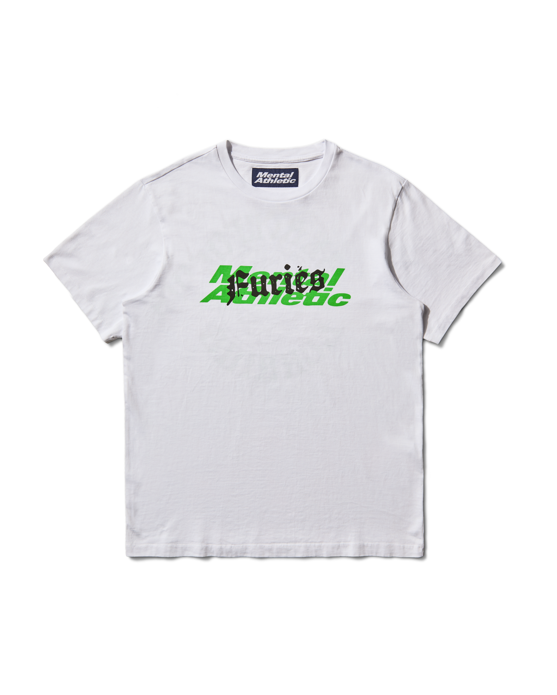 Full front view of the T-shirt, with minimal branding on white cotton.
