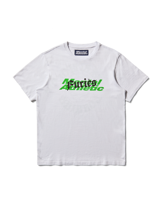 Full front view of the T-shirt, with minimal branding on white cotton.