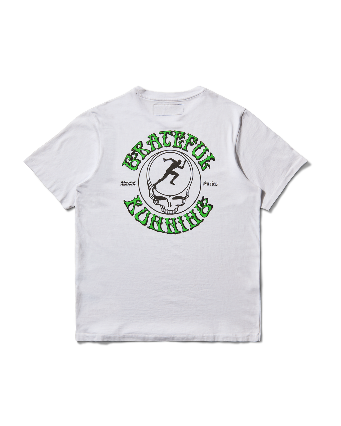 Back view of the Grateful Running T-shirt by Mental Athletic x Furies, featuring warped green typography and a central skull graphic with a runner silhouette — Melbourne Marathon 2025 edition.