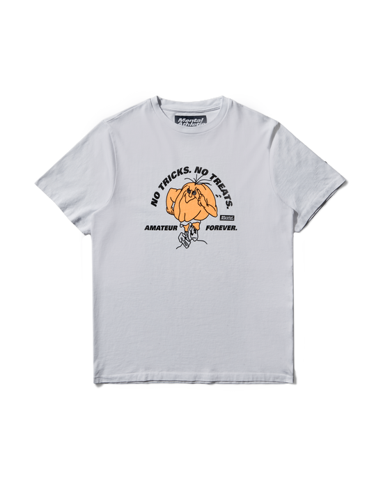 Mental Athletic Amateur Forever white t-shirt with orange ‘No Tricks No Treats’ graphic, full front view.