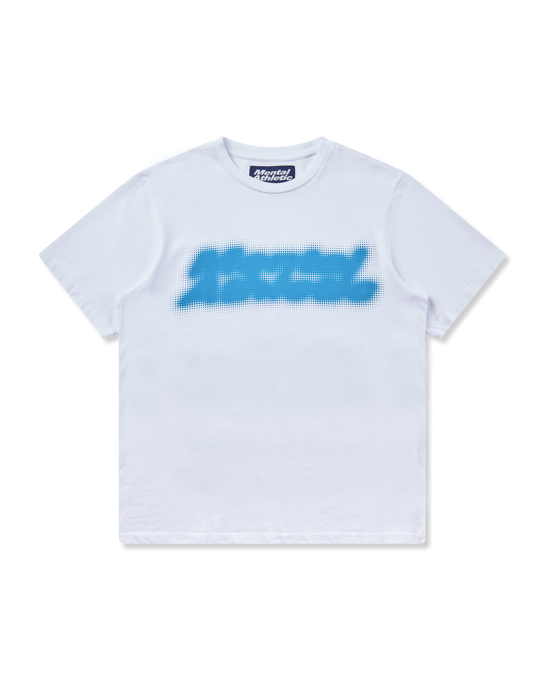 Mental Athletic white cotton t-shirt with blue screenprint graphic, full front view.