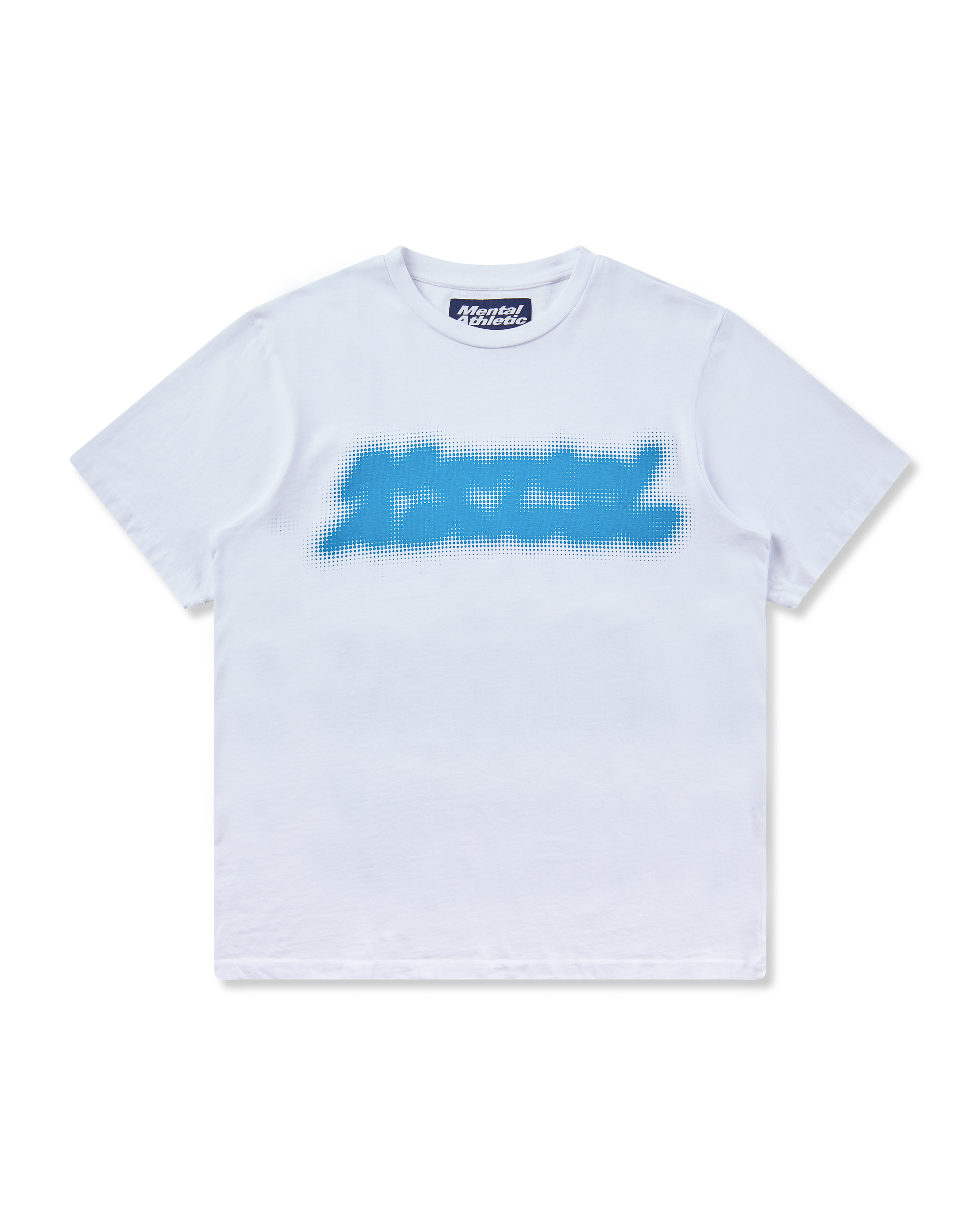 Mental Athletic white cotton t-shirt with blue screenprint graphic, full front view.