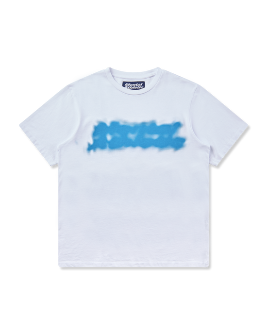 Mental Athletic white cotton t-shirt with blue screenprint graphic, full front view.