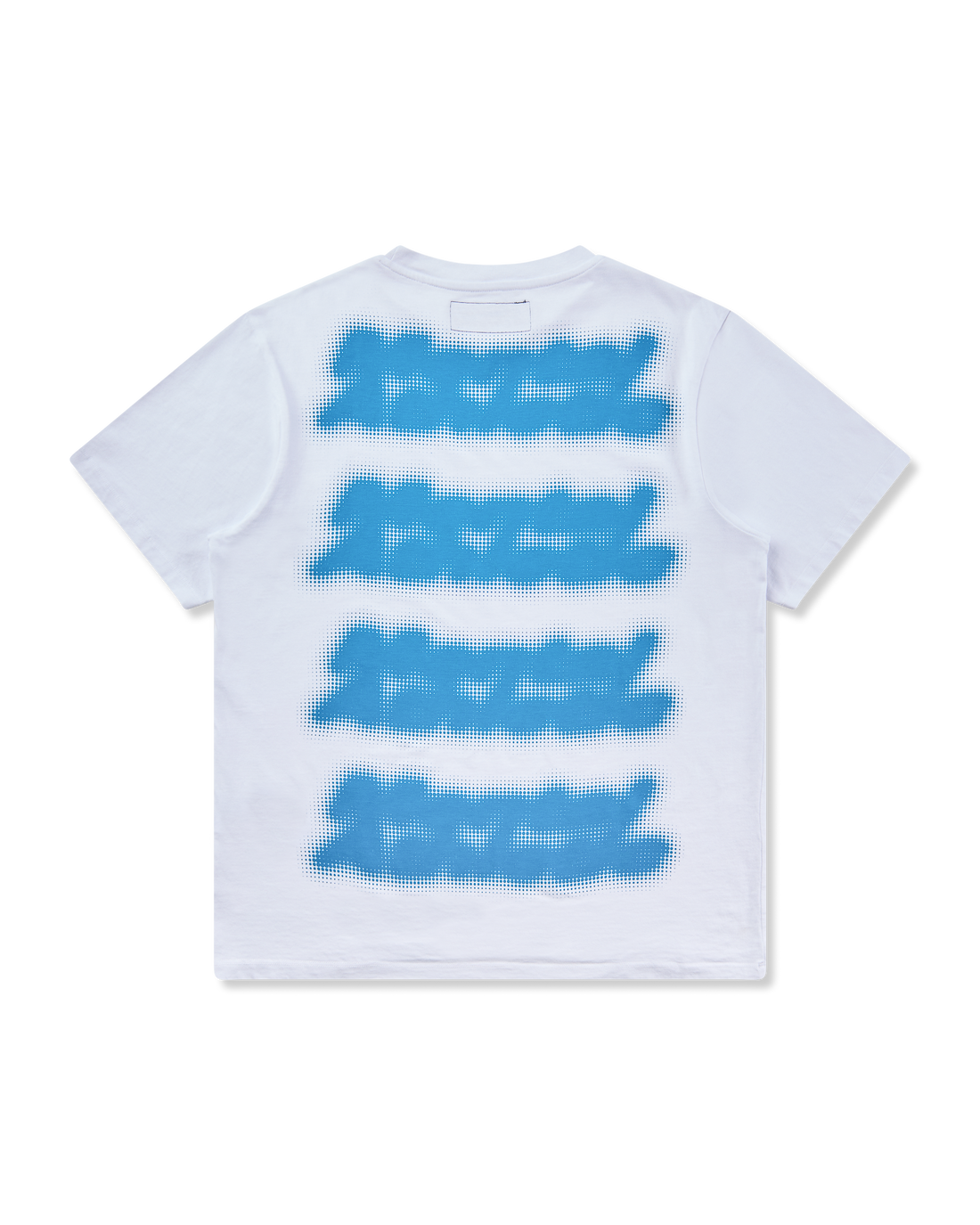 Mental Athletic white cotton t-shirt with repeated blue screenprint graphics, full back view.