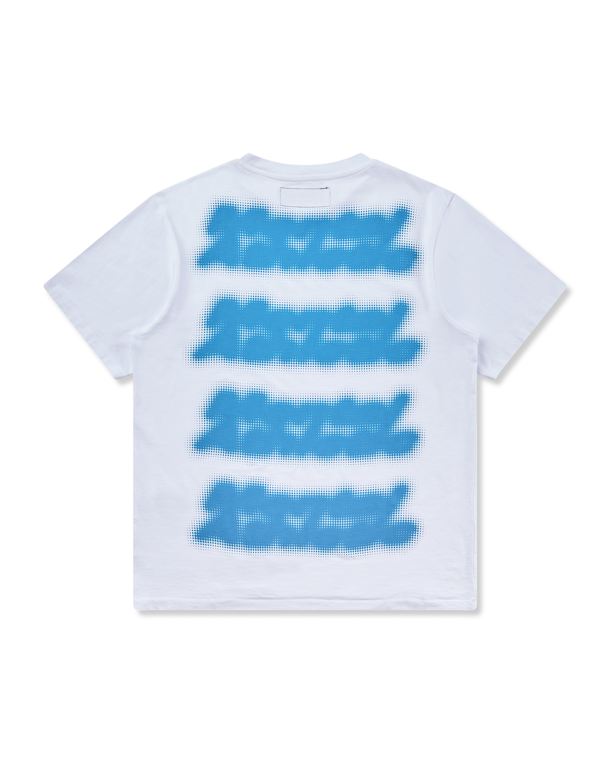 Mental Athletic white cotton t-shirt with repeated blue screenprint graphics, full back view.
