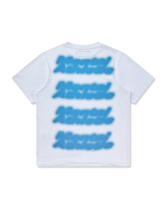 Mental Athletic white cotton t-shirt with repeated blue screenprint graphics, full back view.
