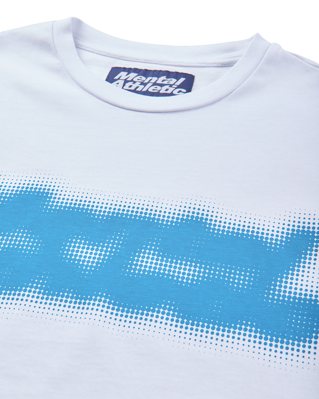 Mental Athletic white cotton t-shirt detail of collar and blue screenprint graphic.