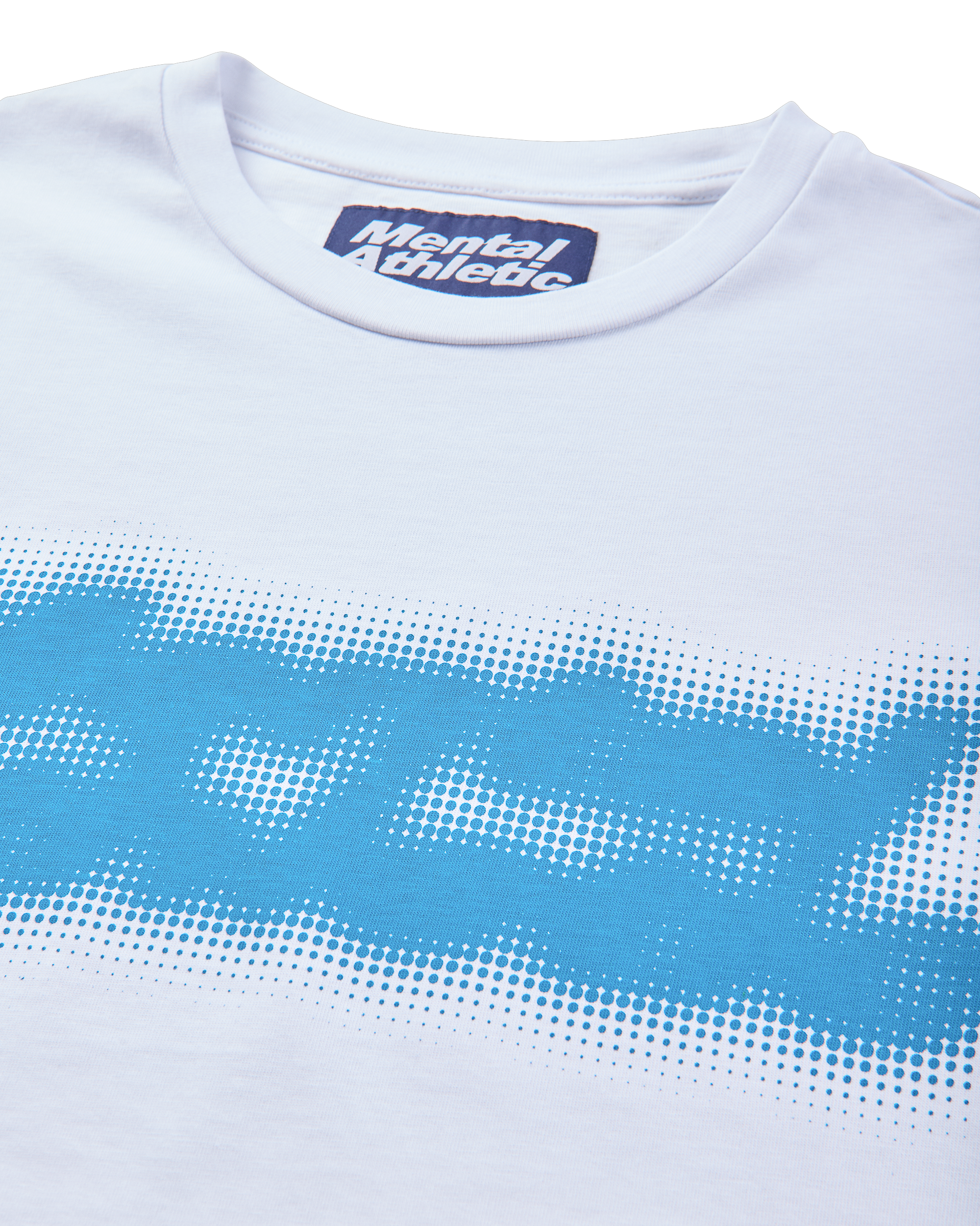 Mental Athletic white cotton t-shirt detail of collar and blue screenprint graphic.