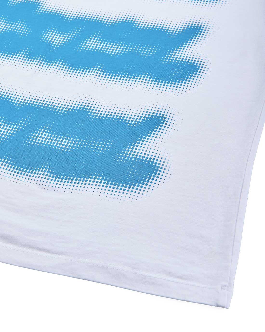 Mental Athletic white cotton t-shirt close-up of blue screenprint graphic and hem.