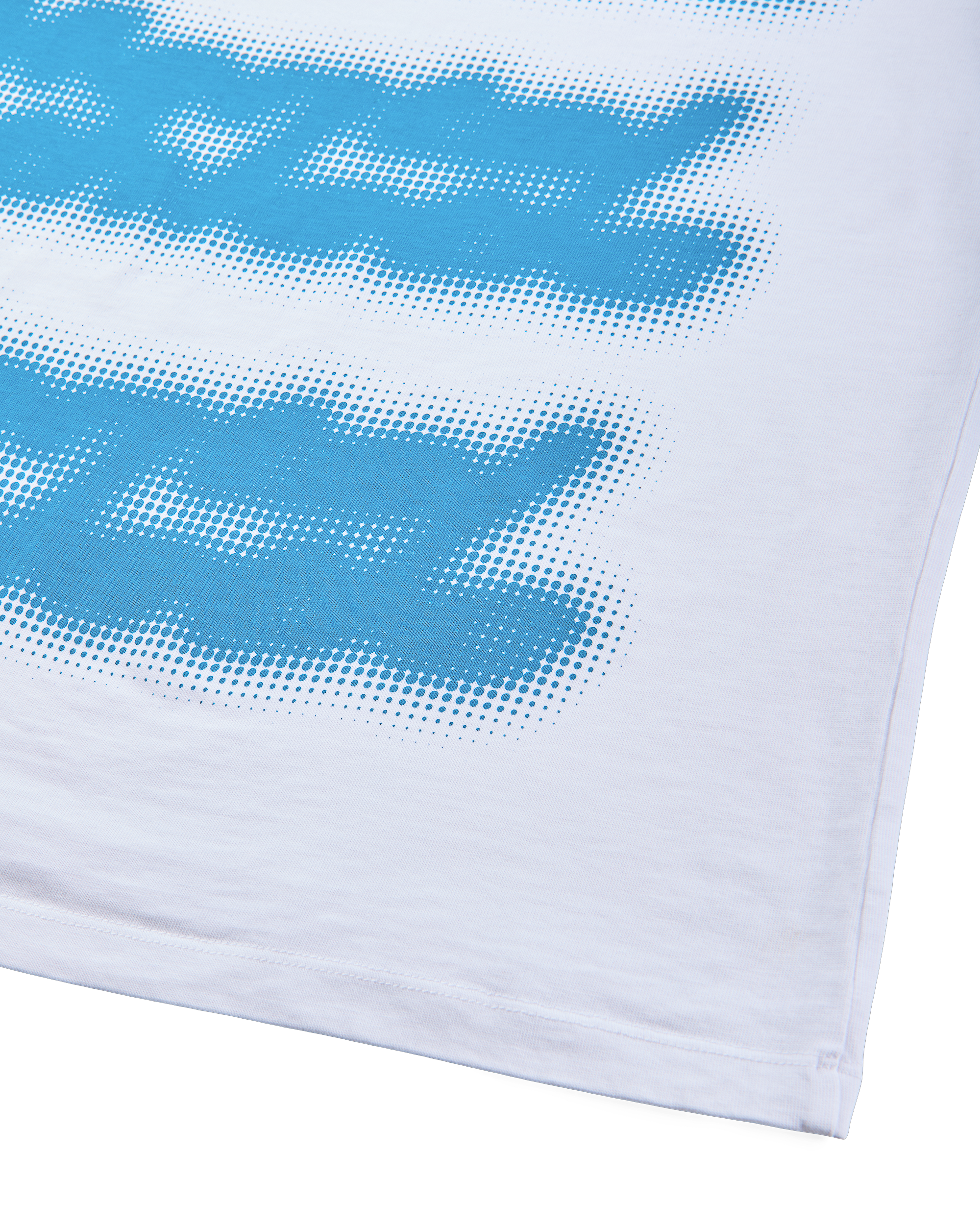 Mental Athletic white cotton t-shirt close-up of blue screenprint graphic and hem.