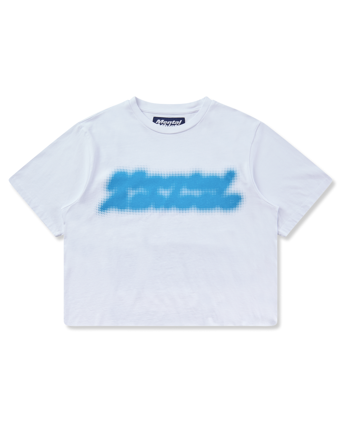Mental Athletic white cotton t-shirt with blue screenprint graphic, full front view.