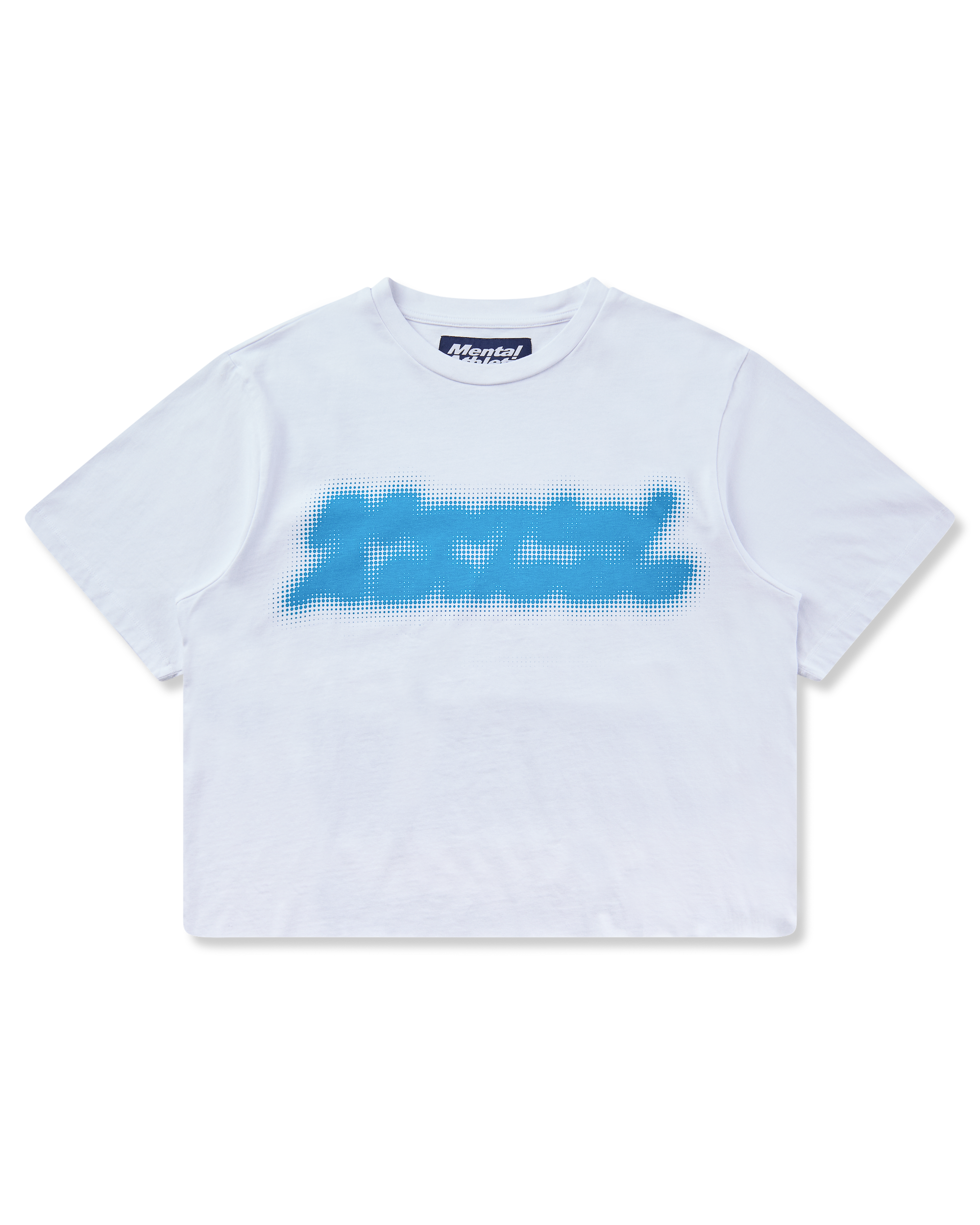 Mental Athletic white cotton t-shirt with blue screenprint graphic, full front view.