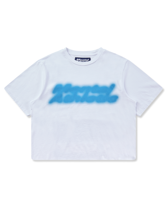 Mental Athletic white cotton t-shirt with blue screenprint graphic, full front view.