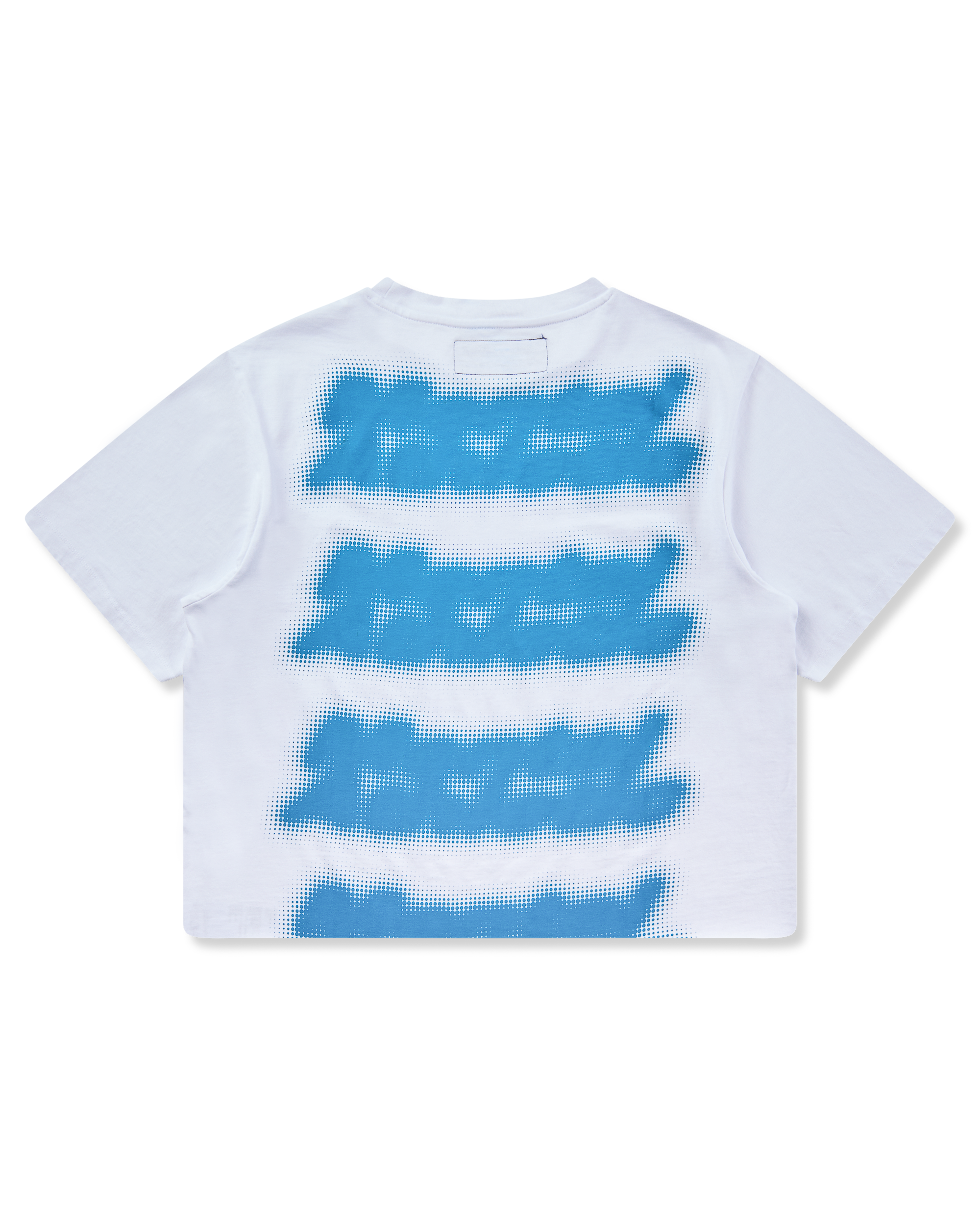 Mental Athletic white cotton t-shirt with repeated blue screenprint graphics, full back view.
