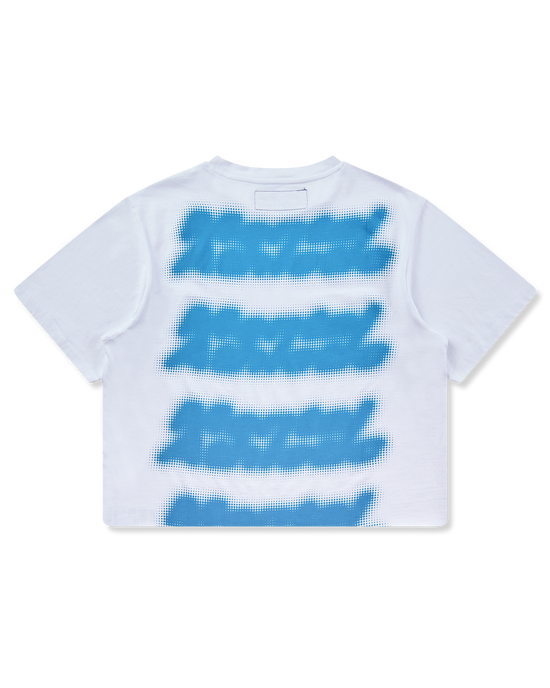 Mental Athletic white cotton t-shirt with repeated blue screenprint graphics, full back view.