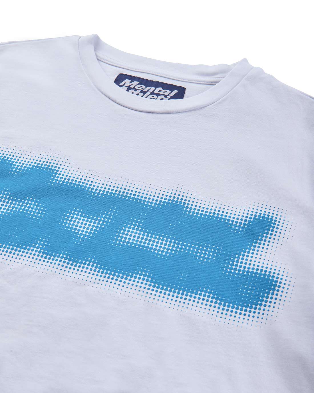 Mental Athletic white cotton t-shirt detail of collar and blue screenprint graphic.
